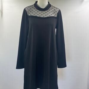 Suzanne Betro Dress Black Polkadot Sheer‎ Neck Long Sleeve Dress Sz M NWT